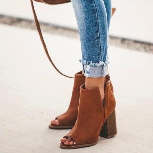 Cutout Side Peeptoe Ankle Booties Wood Stack Heel - Picture 3 of 5